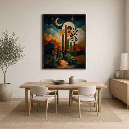 Immerse yourself in a stunning fusion of desert landscapes and celestial motifs with this for Dining