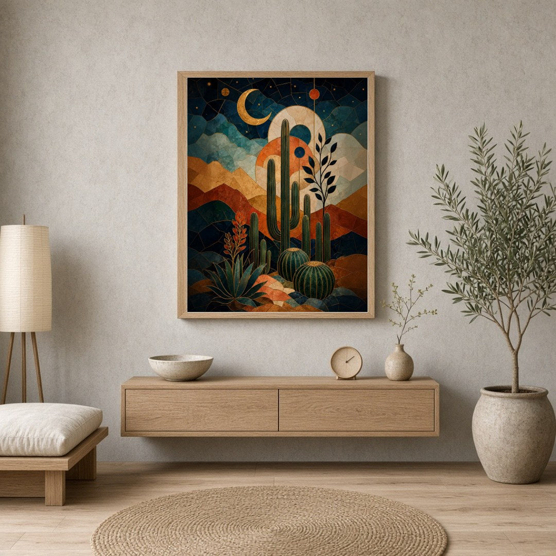 Immerse yourself in a stunning fusion of desert landscapes and celestial motifs with this for Entrance