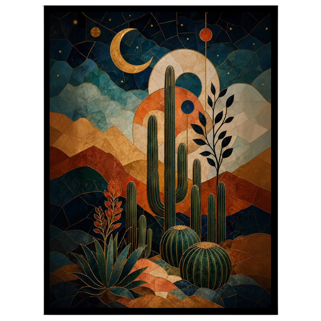 Immerse yourself in a stunning fusion of desert landscapes and celestial motifs with this for haven