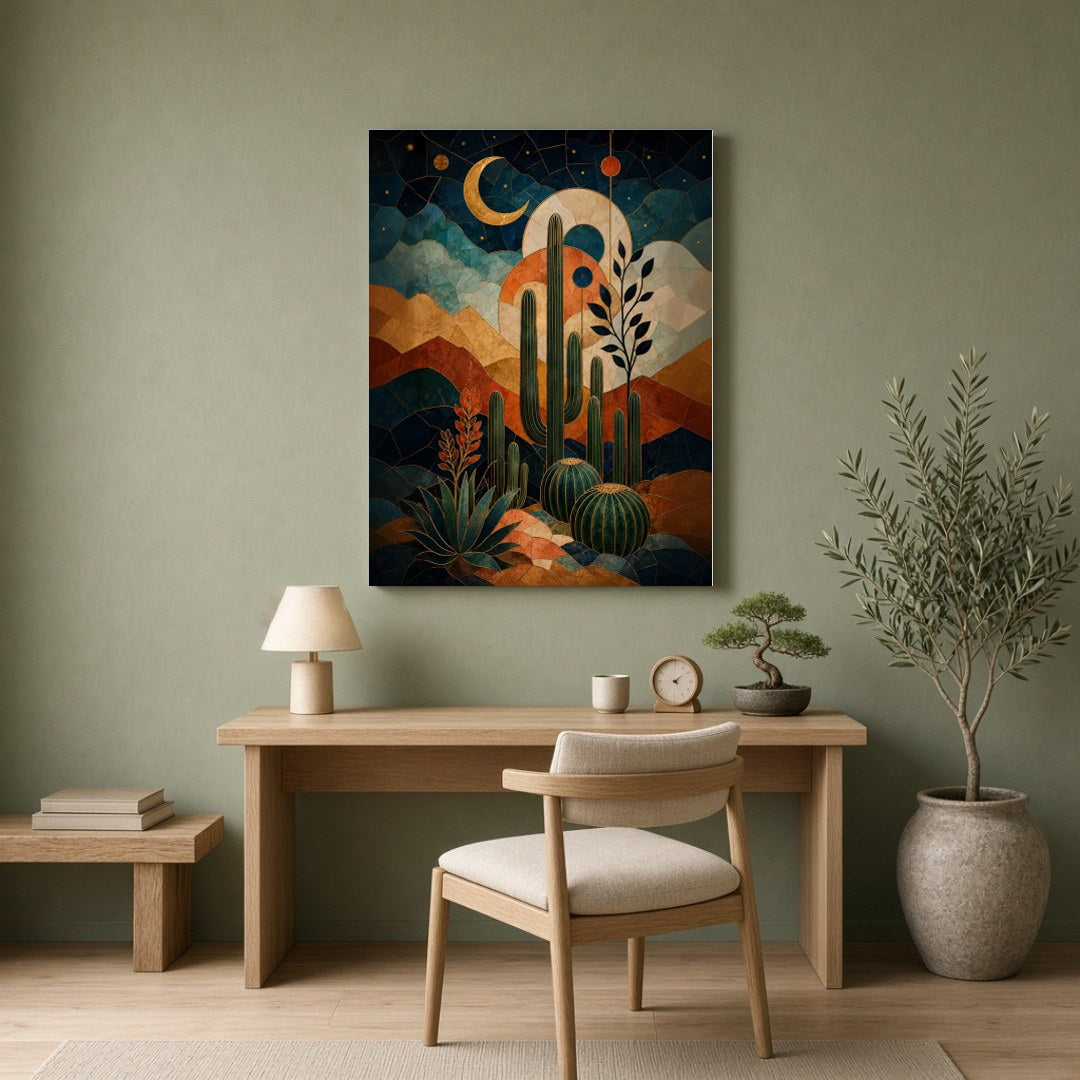Immerse yourself in a stunning fusion of desert landscapes and celestial motifs with this for Home Office