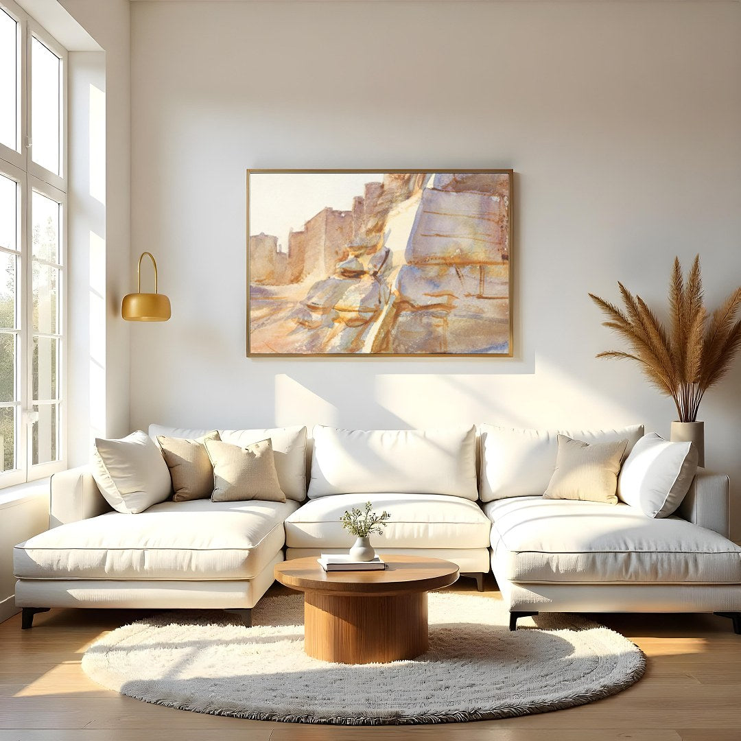 Immerse yourself in the serene beauty of a historic desert scene with warm, earthy tones capturing for Living Room