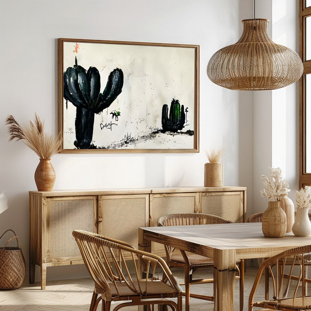 This captivating piece of wall art features two ink-drawn cactus forms against a minimalist for Dining