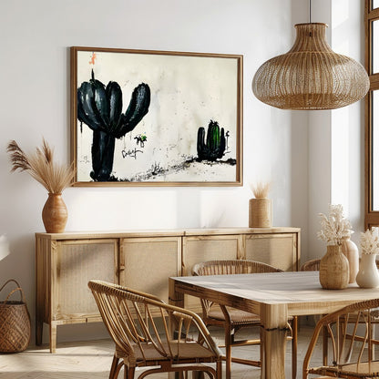 This captivating piece of wall art features two ink-drawn cactus forms against a minimalist for Dining