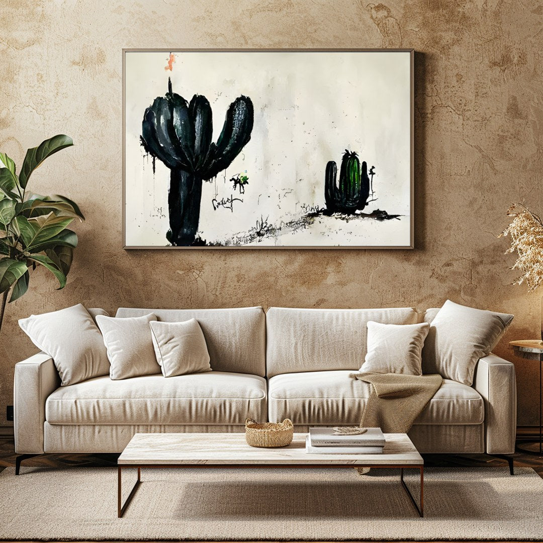 This captivating piece of wall art features two ink-drawn cactus forms against a minimalist for Family Room