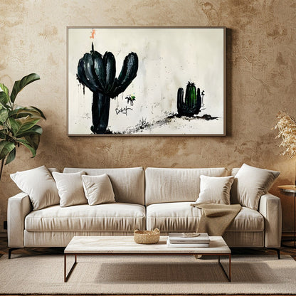 This captivating piece of wall art features two ink-drawn cactus forms against a minimalist for Family Room