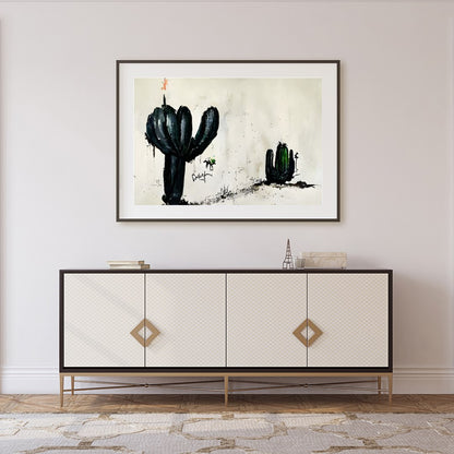 This captivating piece of wall art features two ink-drawn cactus forms against a minimalist for Foyer