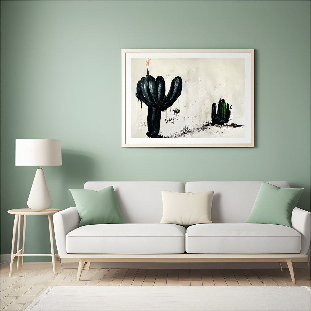 This captivating piece of wall art features two ink-drawn cactus forms against a minimalist for Hall