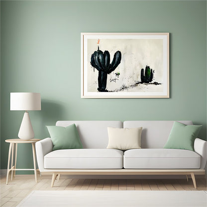 This captivating piece of wall art features two ink-drawn cactus forms against a minimalist for Hall