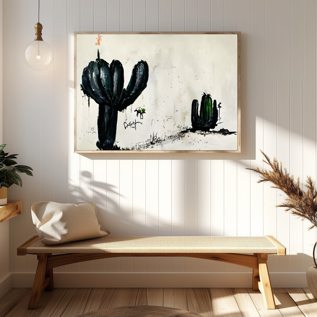 This captivating piece of wall art features two ink-drawn cactus forms against a minimalist for Hallway