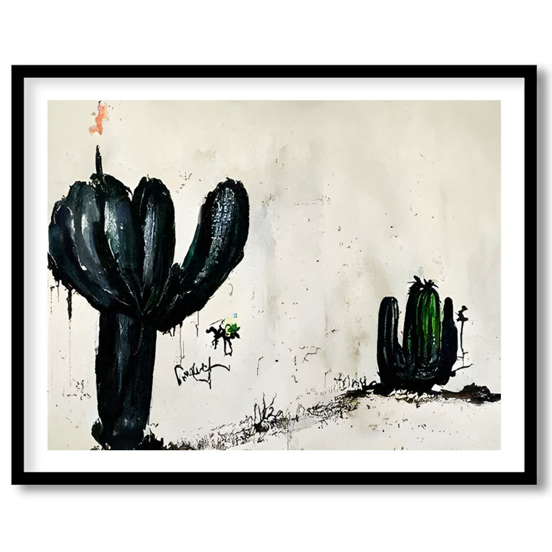 This captivating piece of wall art features two ink-drawn cactus forms against a minimalist for home