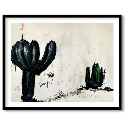 This captivating piece of wall art features two ink-drawn cactus forms against a minimalist for home
