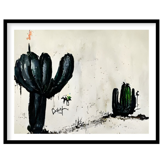 This captivating piece of wall art features two ink-drawn cactus forms against a minimalist for home