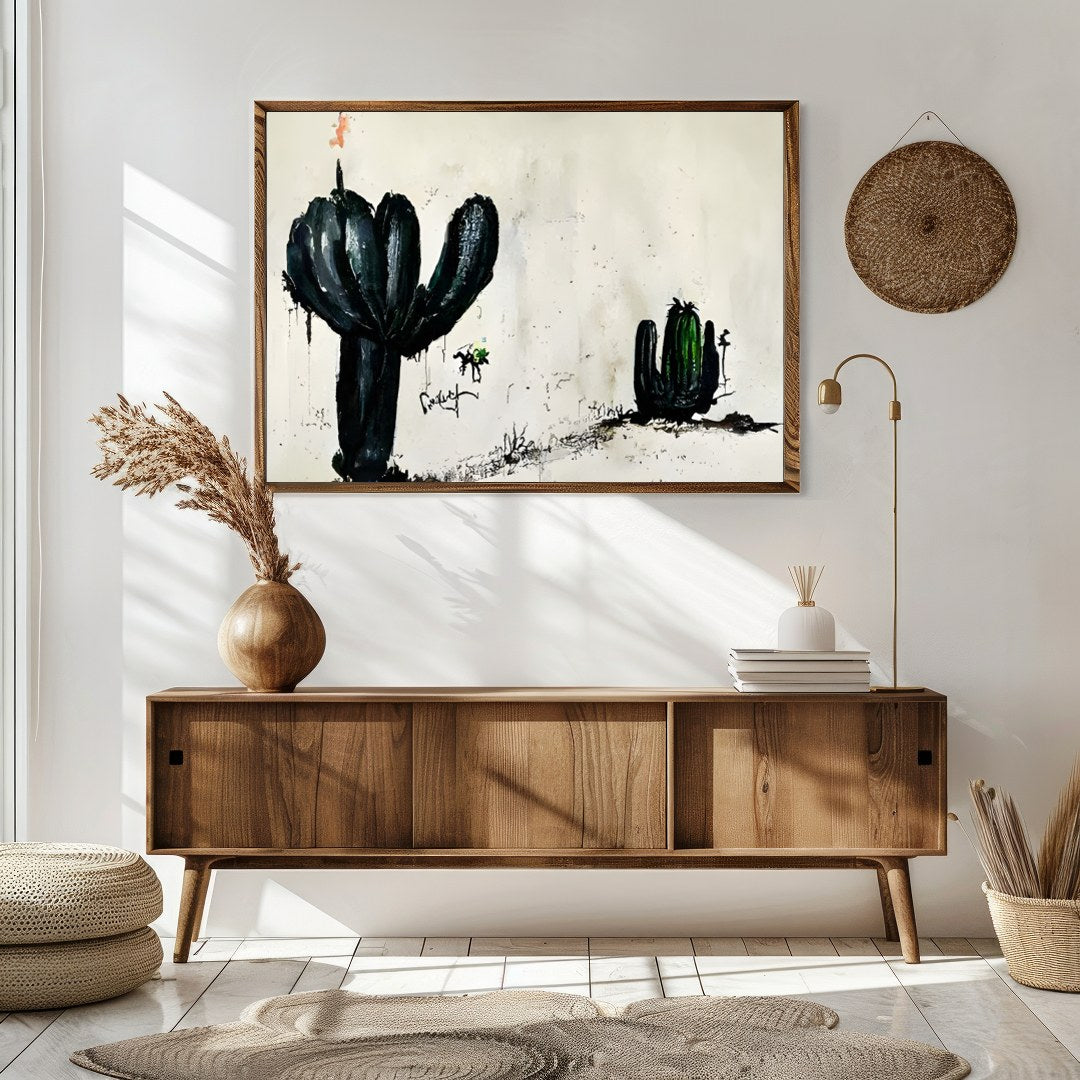This captivating piece of wall art features two ink-drawn cactus forms against a minimalist for Sitting Area