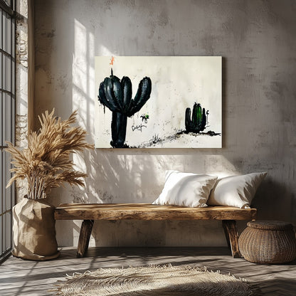 This captivating piece of wall art features two ink-drawn cactus forms against a minimalist for Veranda