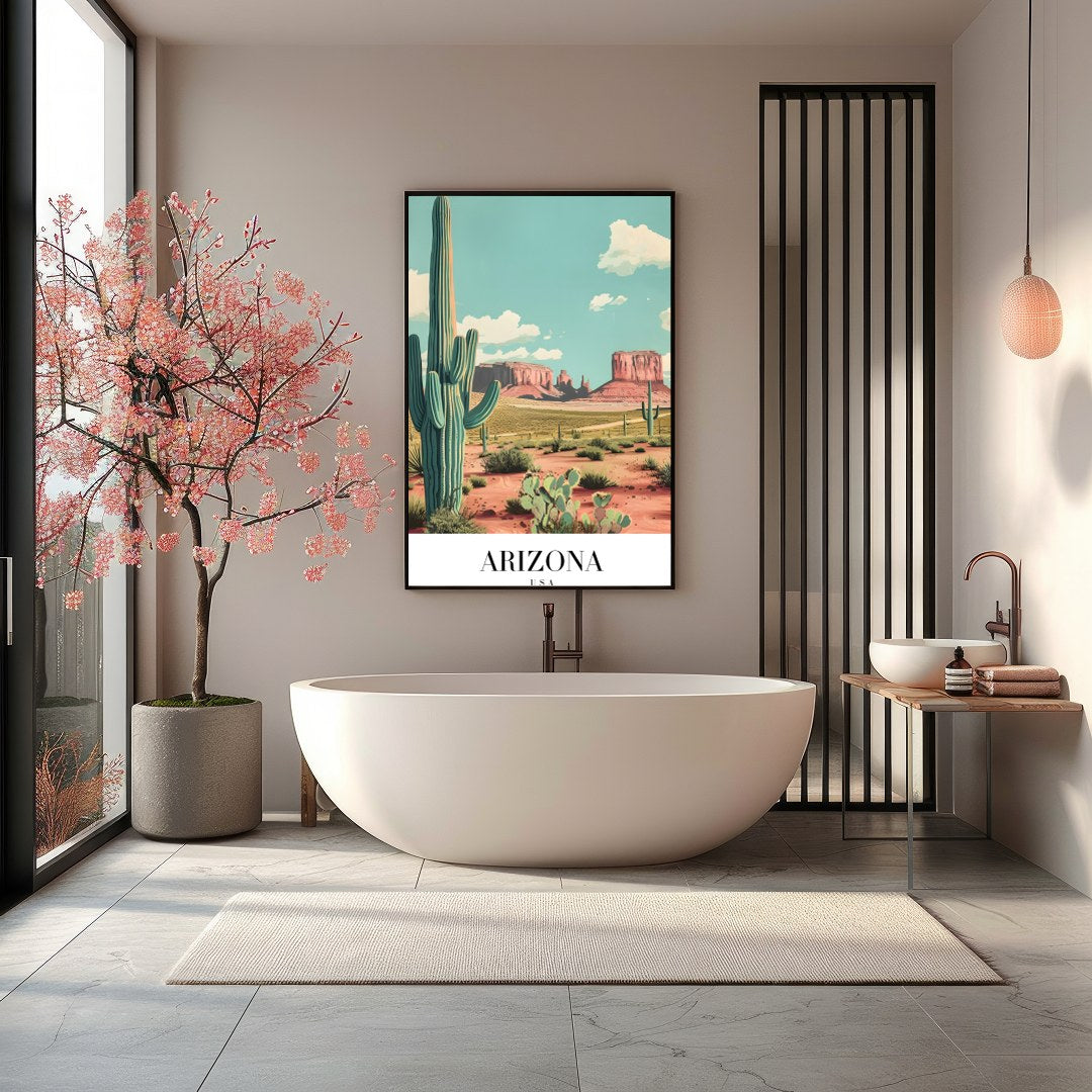 Capture the tranquil beauty of the desert with this stunning landscape artwork. Featuring iconic for Bathroom