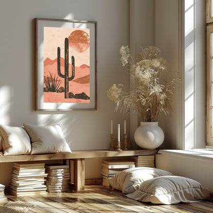 Capture the serene beauty of the desert with this striking artwork. Featuring a bold cactus for abode