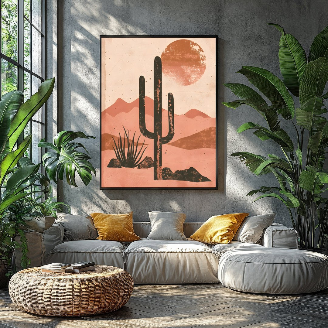 Capture the serene beauty of the desert with this striking artwork. Featuring a bold cactus for Balcony
