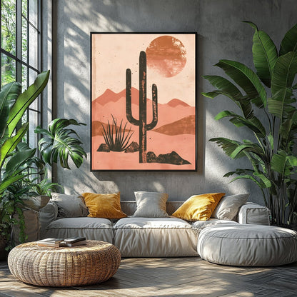 Capture the serene beauty of the desert with this striking artwork. Featuring a bold cactus for Balcony