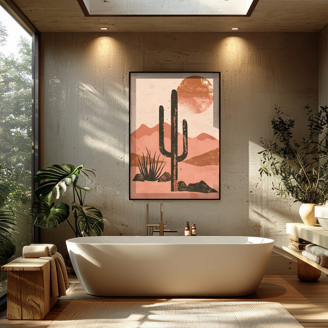 Capture the serene beauty of the desert with this striking artwork. Featuring a bold cactus for Bathroom