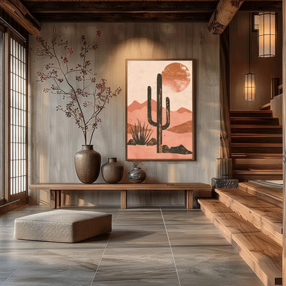 Capture the serene beauty of the desert with this striking artwork. Featuring a bold cactus for Hall
