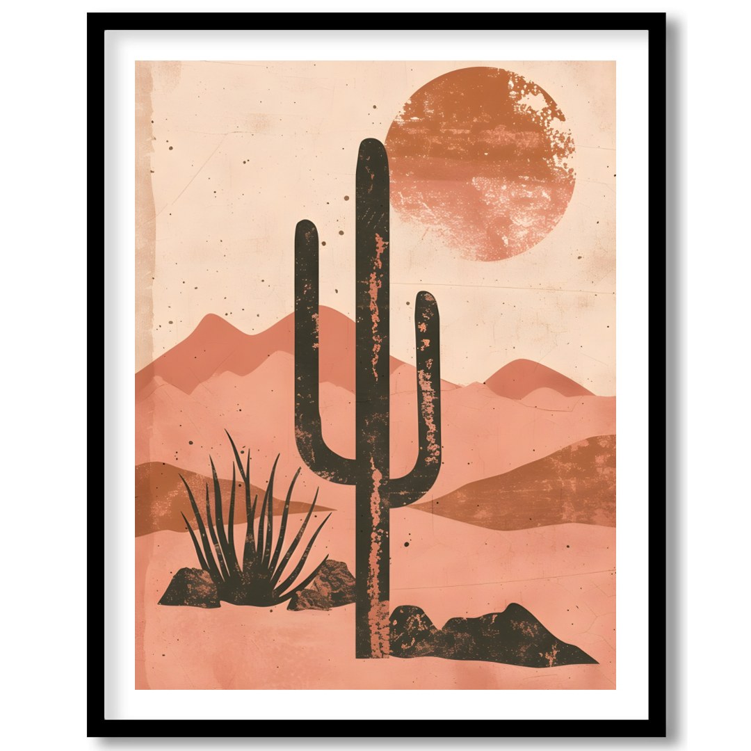 Capture the serene beauty of the desert with this striking artwork. Featuring a bold cactus for home