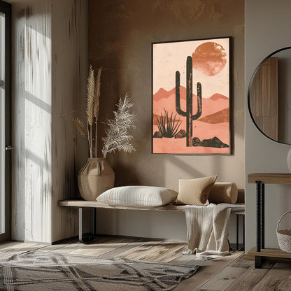 Capture the serene beauty of the desert with this striking artwork. Featuring a bold cactus for room