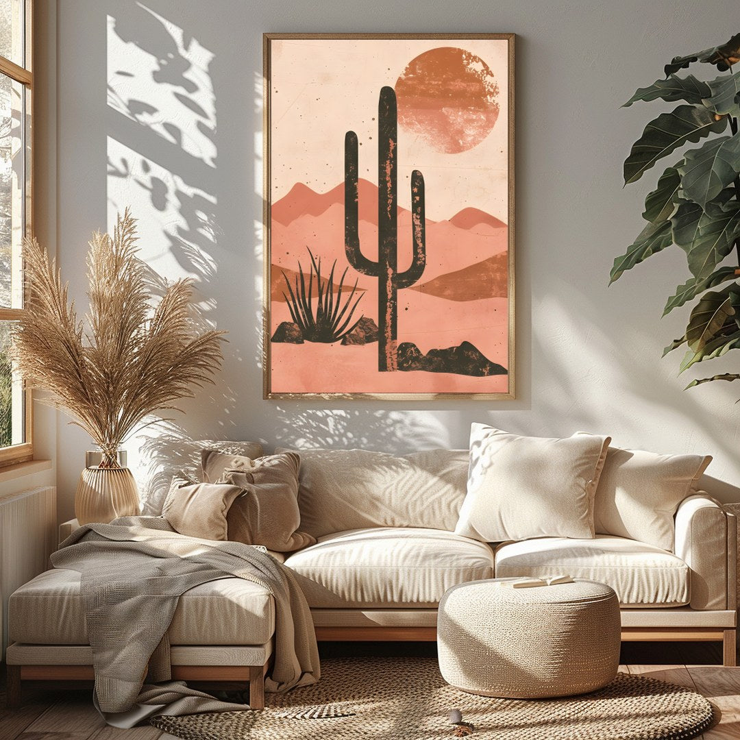 Capture the serene beauty of the desert with this striking artwork. Featuring a bold cactus for Sitting Area