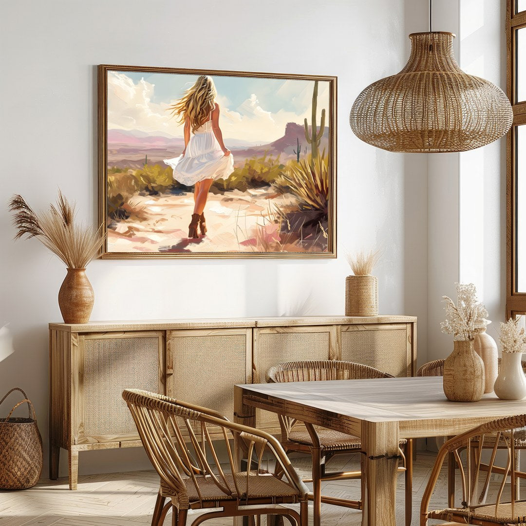 Immerse yourself in the serene beauty of a sunlit desert scene. This artwork captures a moment of for Dining