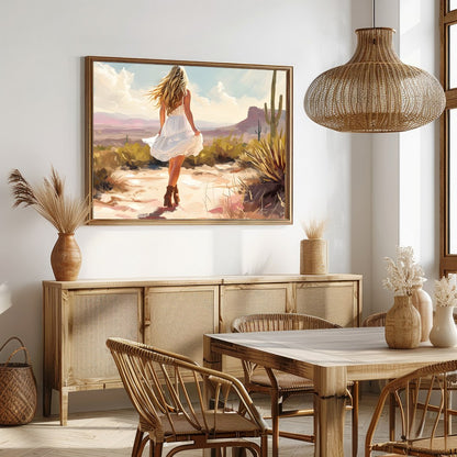 Immerse yourself in the serene beauty of a sunlit desert scene. This artwork captures a moment of for Dining