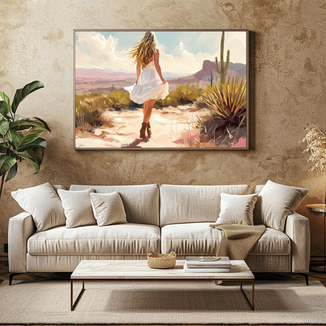 Immerse yourself in the serene beauty of a sunlit desert scene. This artwork captures a moment of for Family Room