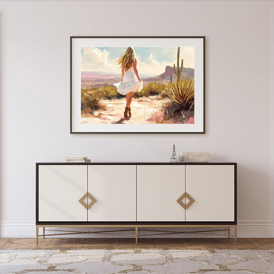 Immerse yourself in the serene beauty of a sunlit desert scene. This artwork captures a moment of for Foyer