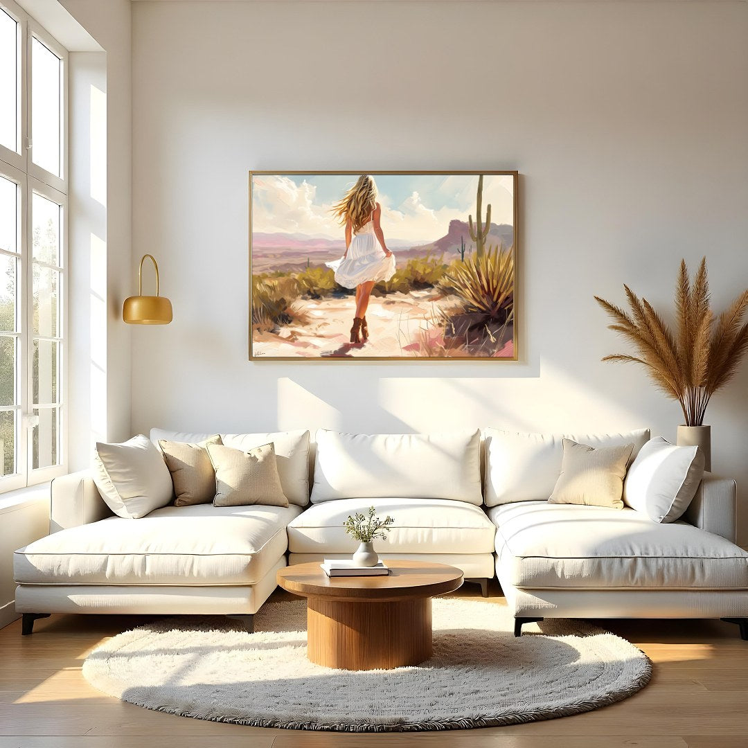 Immerse yourself in the serene beauty of a sunlit desert scene. This artwork captures a moment of for Living Room