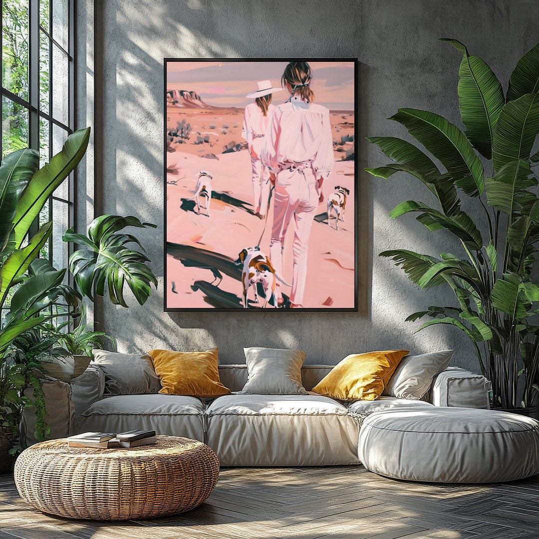 This serene artwork captures two figures and their canine companions leisurely strolling through a for Balcony