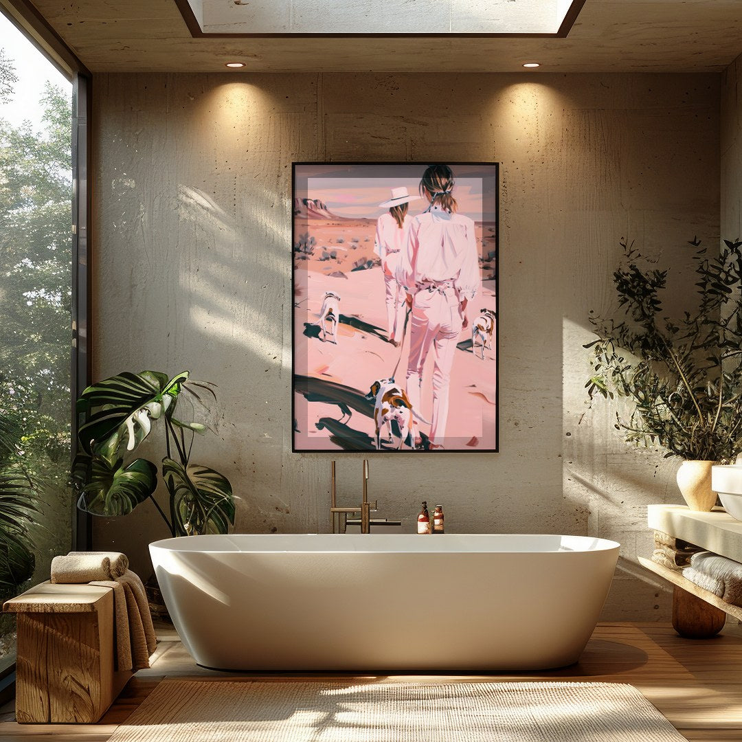 This serene artwork captures two figures and their canine companions leisurely strolling through a for Bathroom