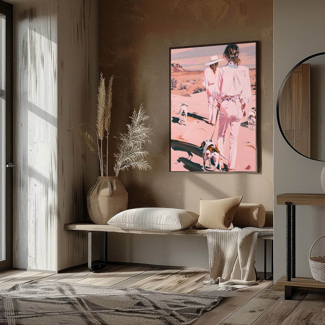 This serene artwork captures two figures and their canine companions leisurely strolling through a for decor