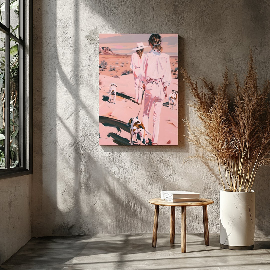 This serene artwork captures two figures and their canine companions leisurely strolling through a for Entrance