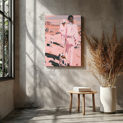 This serene artwork captures two figures and their canine companions leisurely strolling through a for Entrance