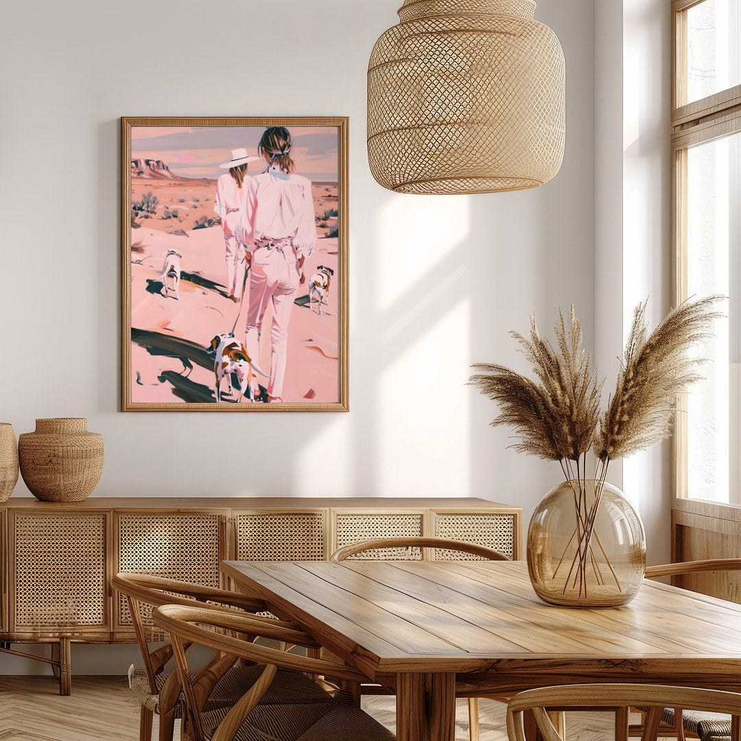This serene artwork captures two figures and their canine companions leisurely strolling through a for Extra Kitchen