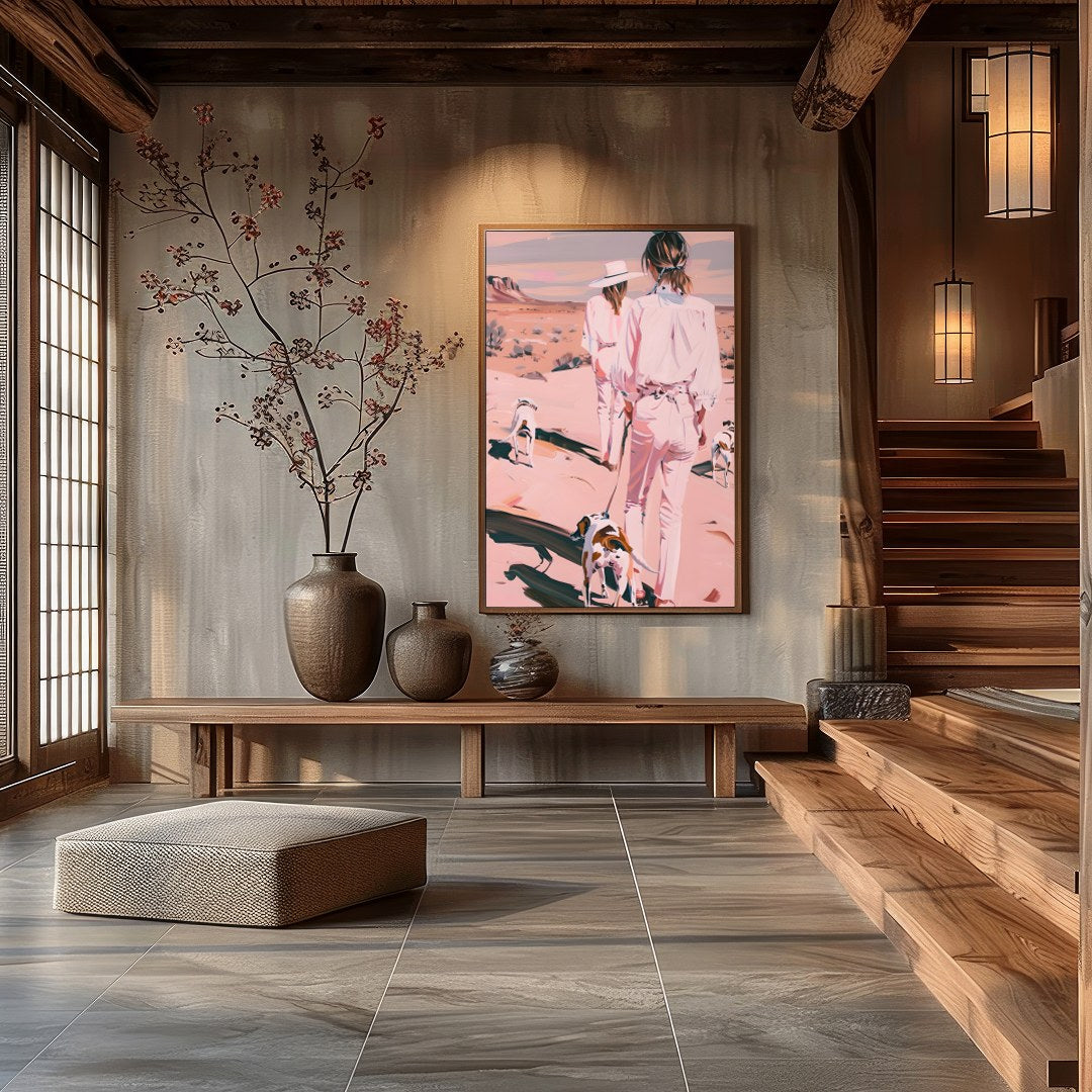 This serene artwork captures two figures and their canine companions leisurely strolling through a for Hall