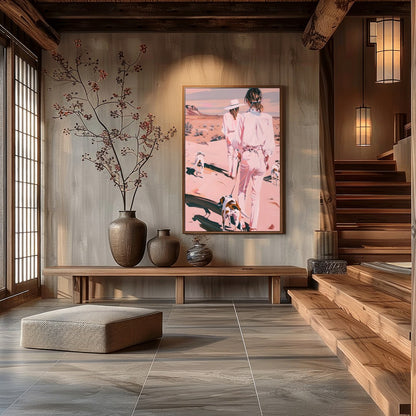 This serene artwork captures two figures and their canine companions leisurely strolling through a for Hall
