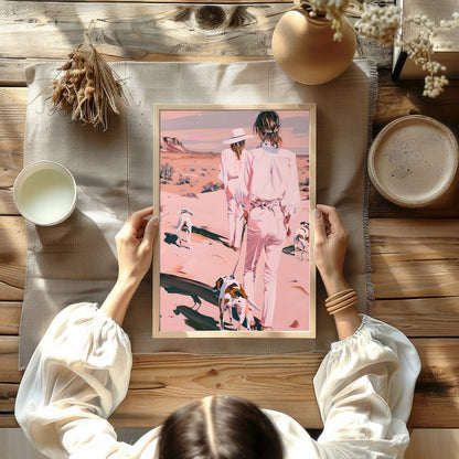 This serene artwork captures two figures and their canine companions leisurely strolling through a for Kitchen