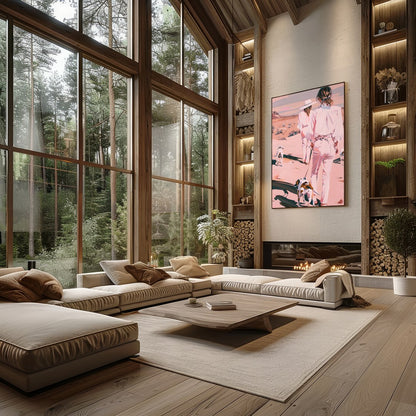 This serene artwork captures two figures and their canine companions leisurely strolling through a for Living Room