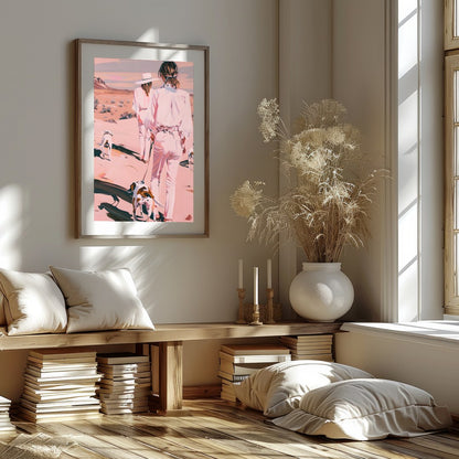 This serene artwork captures two figures and their canine companions leisurely strolling through a for lovely-house