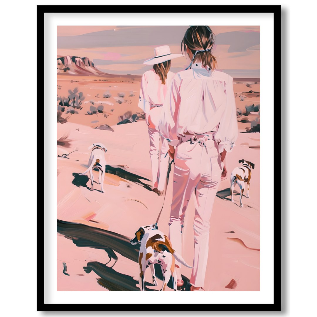 This serene artwork captures two figures and their canine companions leisurely strolling through a for place
