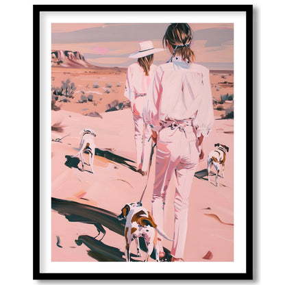 This serene artwork captures two figures and their canine companions leisurely strolling through a for place