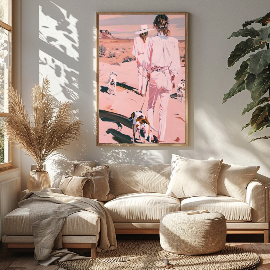 This serene artwork captures two figures and their canine companions leisurely strolling through a for Sitting Area