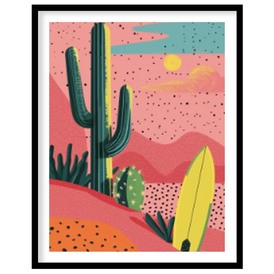 "Desert Surfscape" presents a stylized landscape blending desert and surf elements. The artwork dep… for area