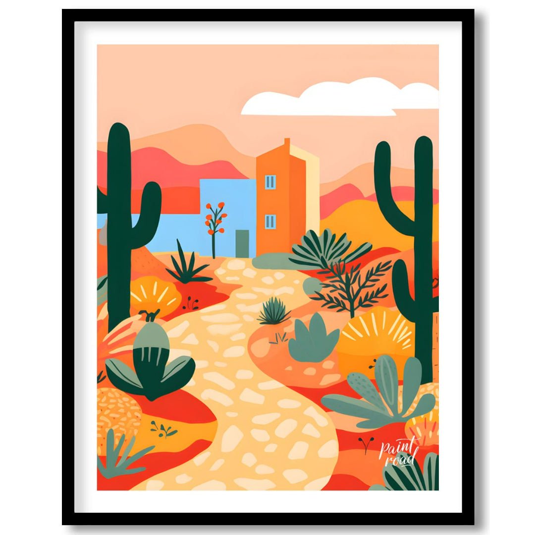 This vibrant digital illustration captures a desert landscape with stylized cacti, flowering plants… for abode