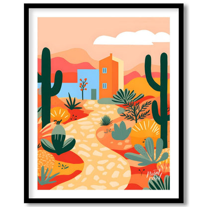 This vibrant digital illustration captures a desert landscape with stylized cacti, flowering plants… for abode