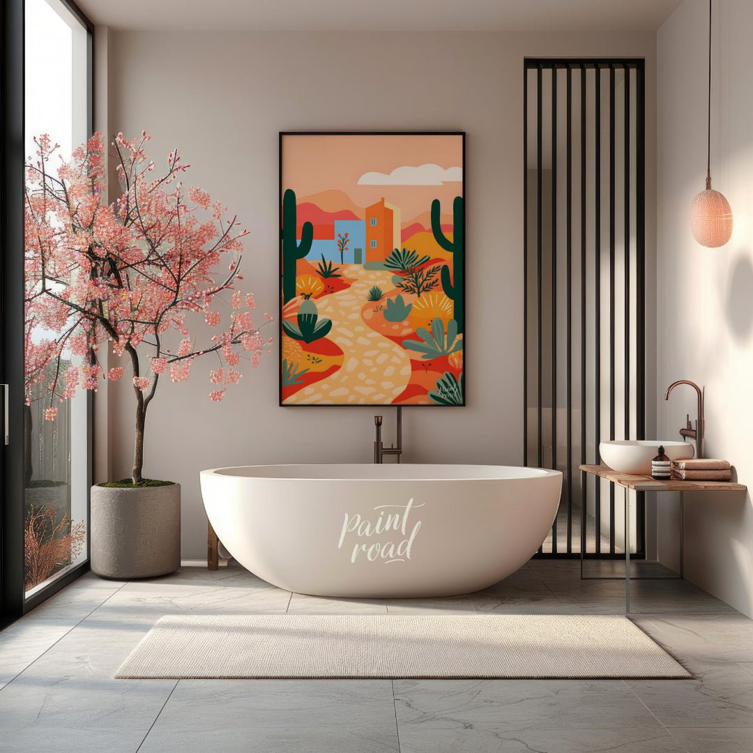 This vibrant digital illustration captures a desert landscape with stylized cacti, flowering plants… for bathroom